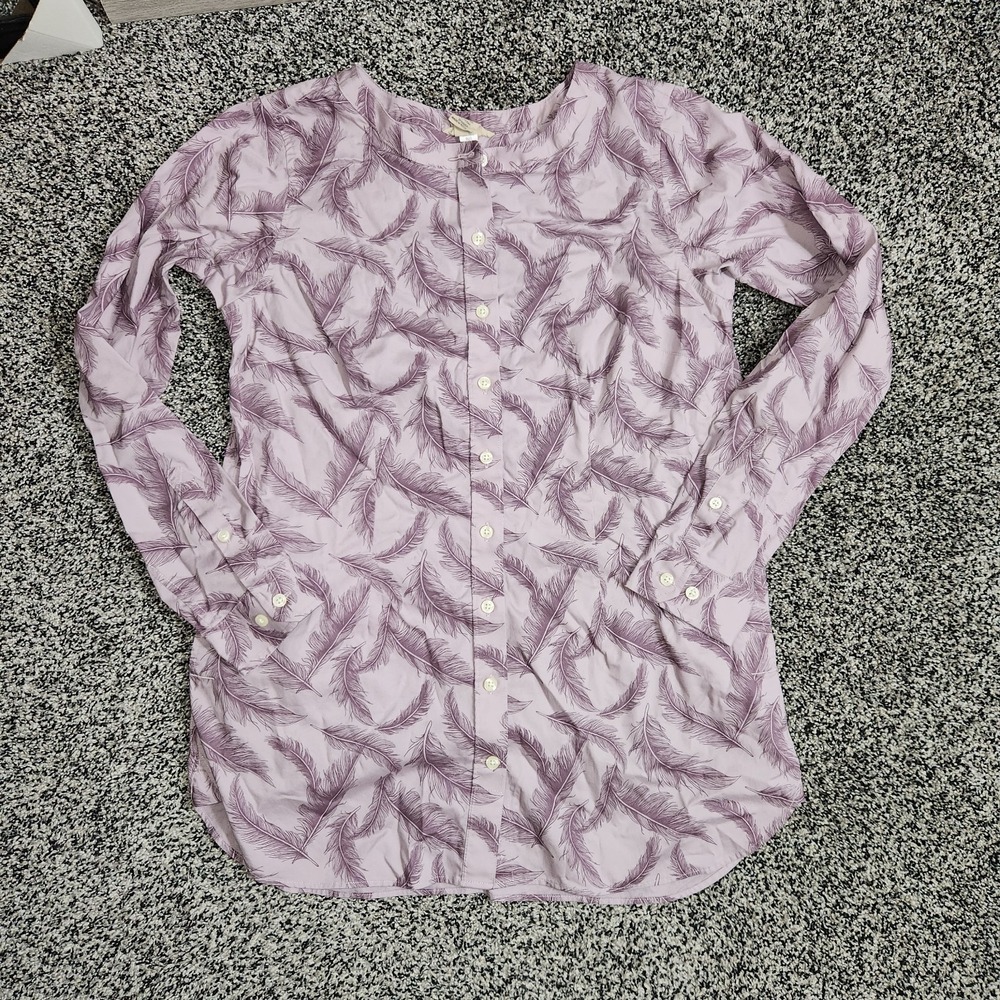 Duluth Trading Wrinklefighter Button Down Tunic Top Purple Feather Small Pockets